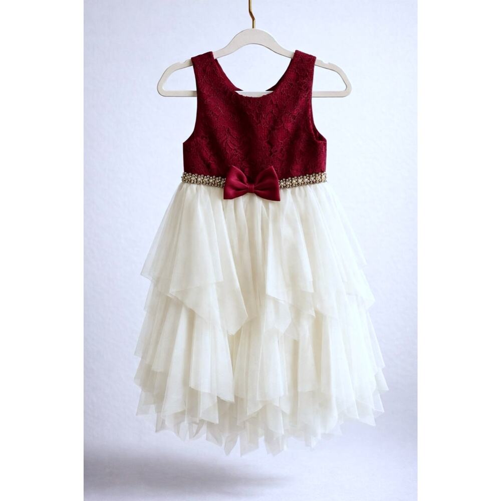 #98 American Princess Burgundy & Ivory Lace Tulle Princess Dress with Bow Size 5